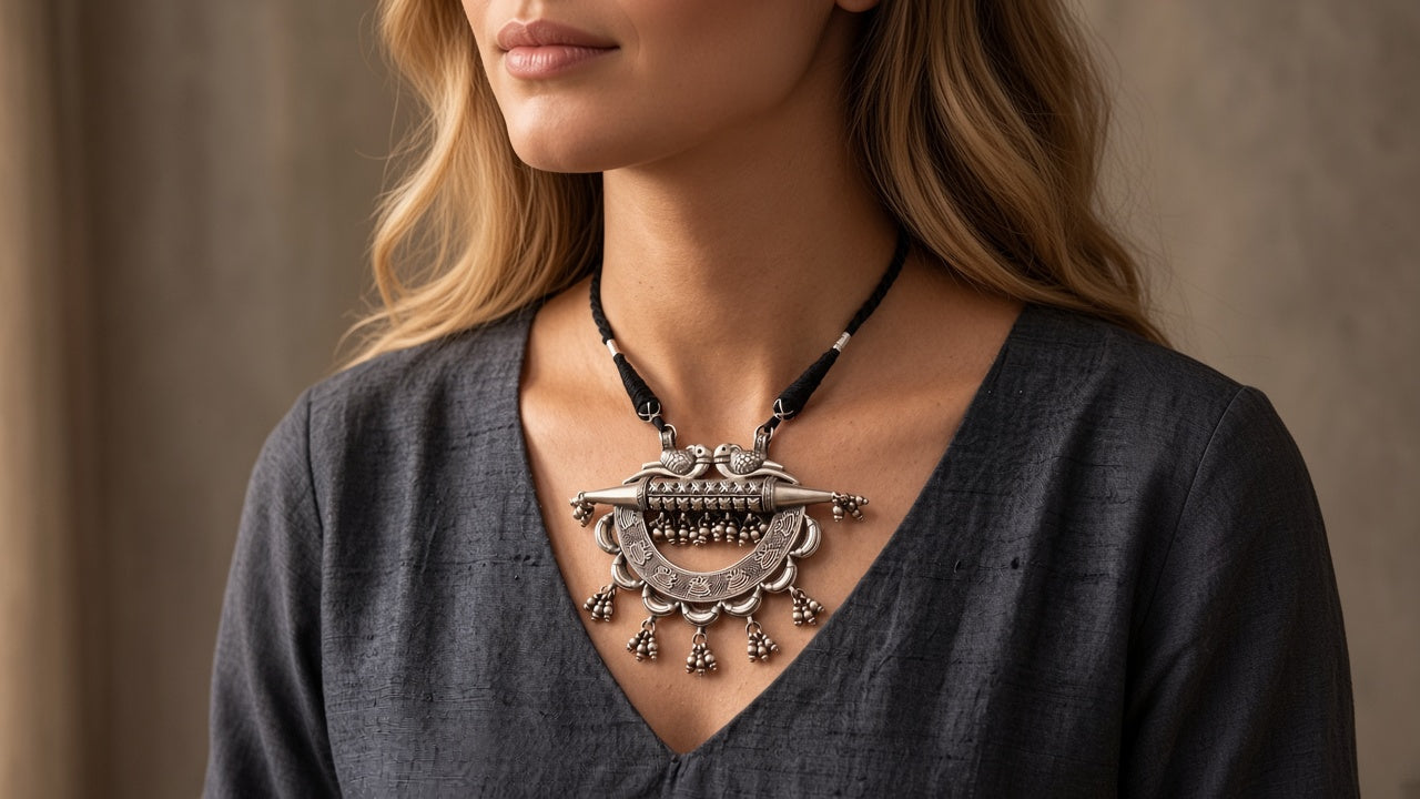 A woman wearing the antique open-crescent sterling silver choker