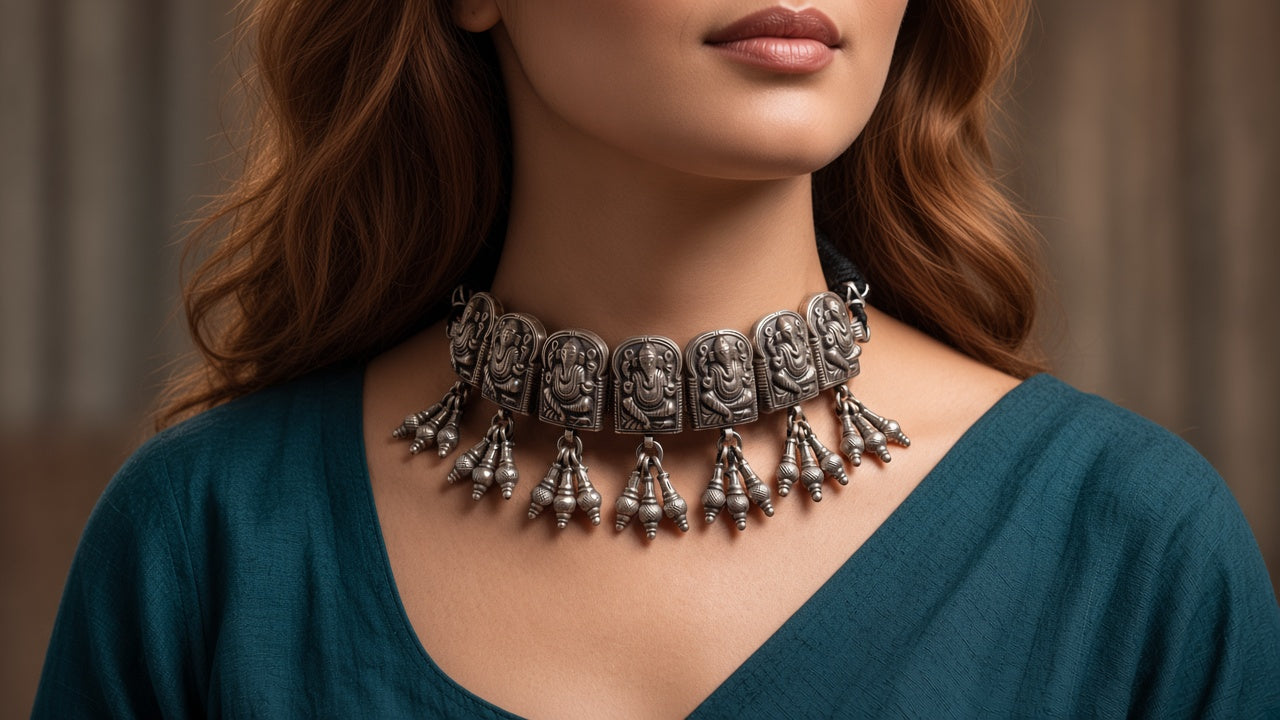 A woman wearing the sterling silver Ganesha choker